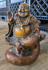 Laughing Buddha Figurine 6" Carved Solid Wood Dark Stain Chinese Script AOFC