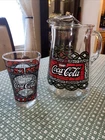 Vintage 1970's Coca-Cola Glass Pitcher, Enjoy Coke, Red, Clear, Stained Glass