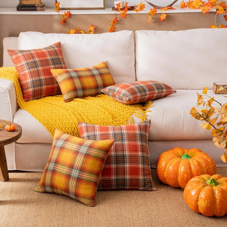 Fundas de Almohada Naranja a Cuadros Otoño 20X20 Pulgadas, Juego de 2 Otoño Decorativas Thr Foto 3 de 4