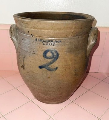 Antique I. Seymour & Co. Troy New York 2 Gal Crock Impressed Salt Glaze Handles