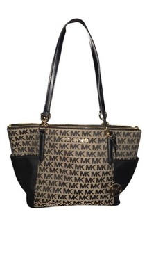 Michael Kors Large Bedford East West Tote Bag Purse Black Brown Canvas Leather