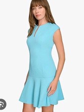Tommy Hilifiger Sheat Dress Sz 18 Plus Flare Hem Split Neck Blue Strecthy $99