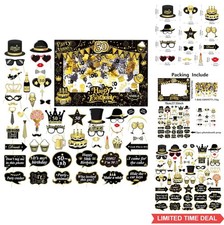 55 Pcs Black Gold Photo Booth Props Frame Glitter Birthday Party Decorations