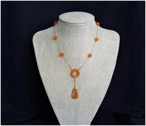 Vintage Chinese Art Deco Hand Carved Carnelian Pendant Chain Link Necklace - Picture 6 of 11