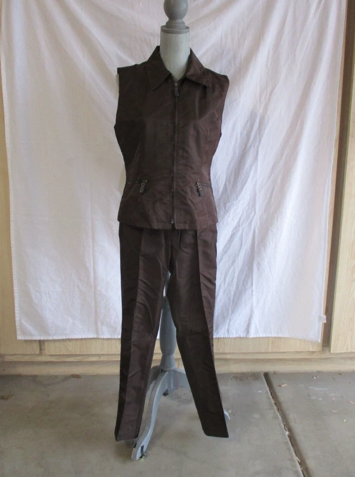 Chaleco de Colección Cache Marrón Poliéster Satinado Pantalón Traje Marrón Chaleco Talla 4 Pantalones Talla 2 Foto 2 de 4