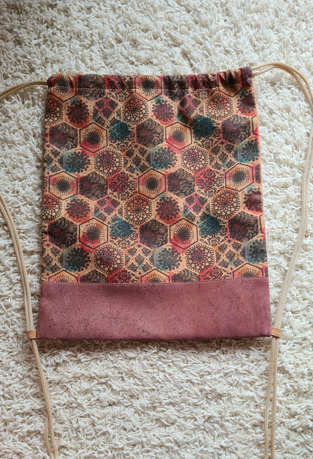 Portuguese Cork Patterned Drawstring Backpack Bag… - image 1