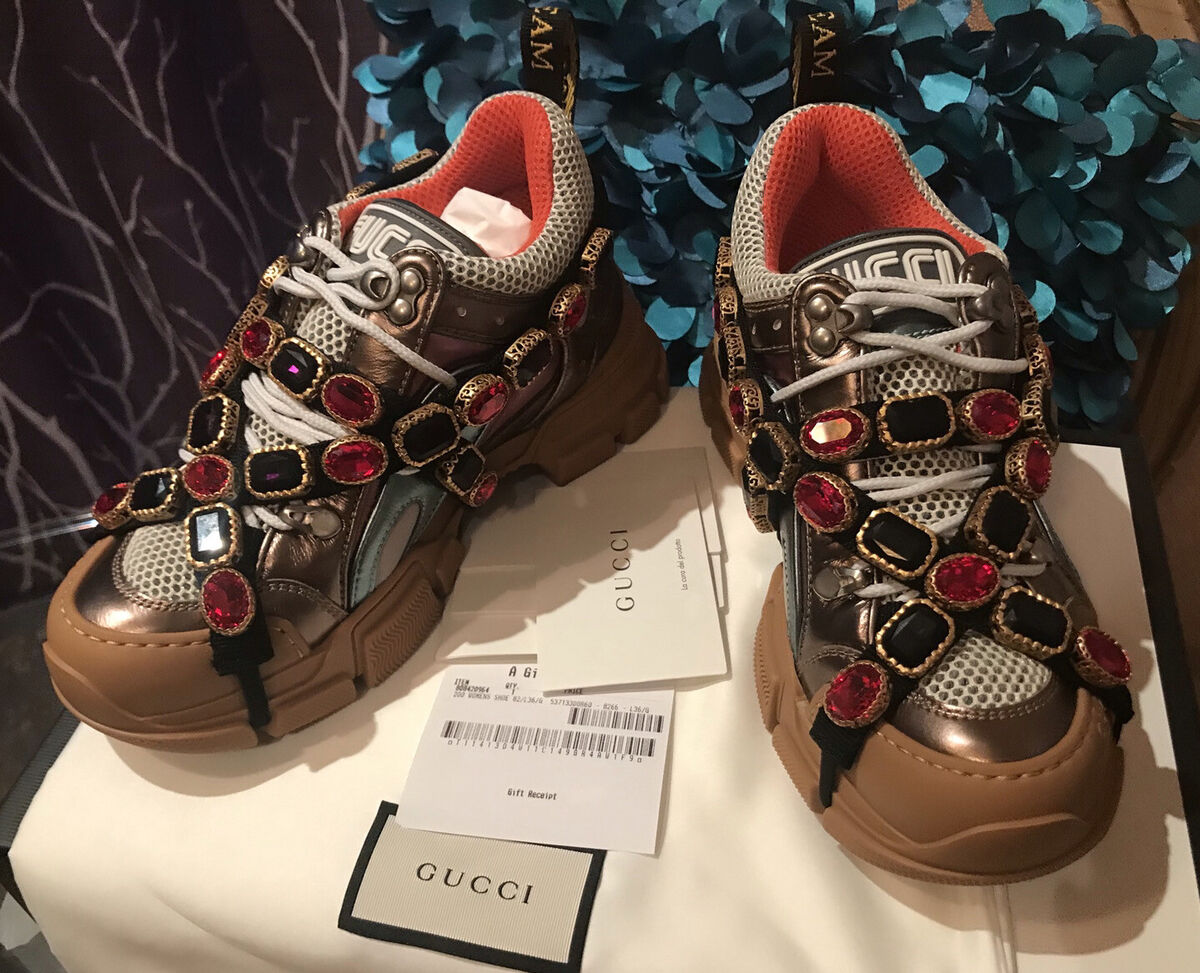 HOT Gucci Flashtrek Bronze W/Crystal Lace Up Boot Trainer Sneaker 36.5  EU/6.5 US