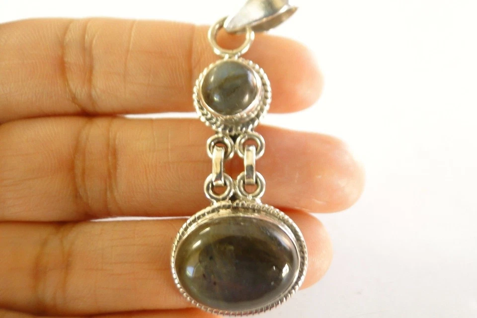 Labradorite 2-Stone Dangle Drop 925 Sterling Silver Pendant - Image 2 of 4