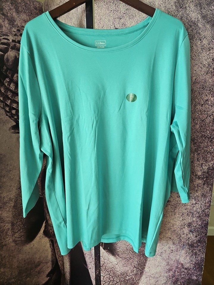 LL BEAN Pima Cotton Shaped Tee 3/4 Sleeve Jewelneck 3XPLUS Storm Teal