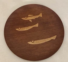 Shigemichi Aomine Teak Fish Inlay Plate Serving Tray Mid Century Modern Vintage
