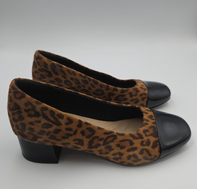 #ad Clarks Marilyn Sara Womens Low Heeled Pump Leopard Print Suede Patent Size 6 EUC $24.97