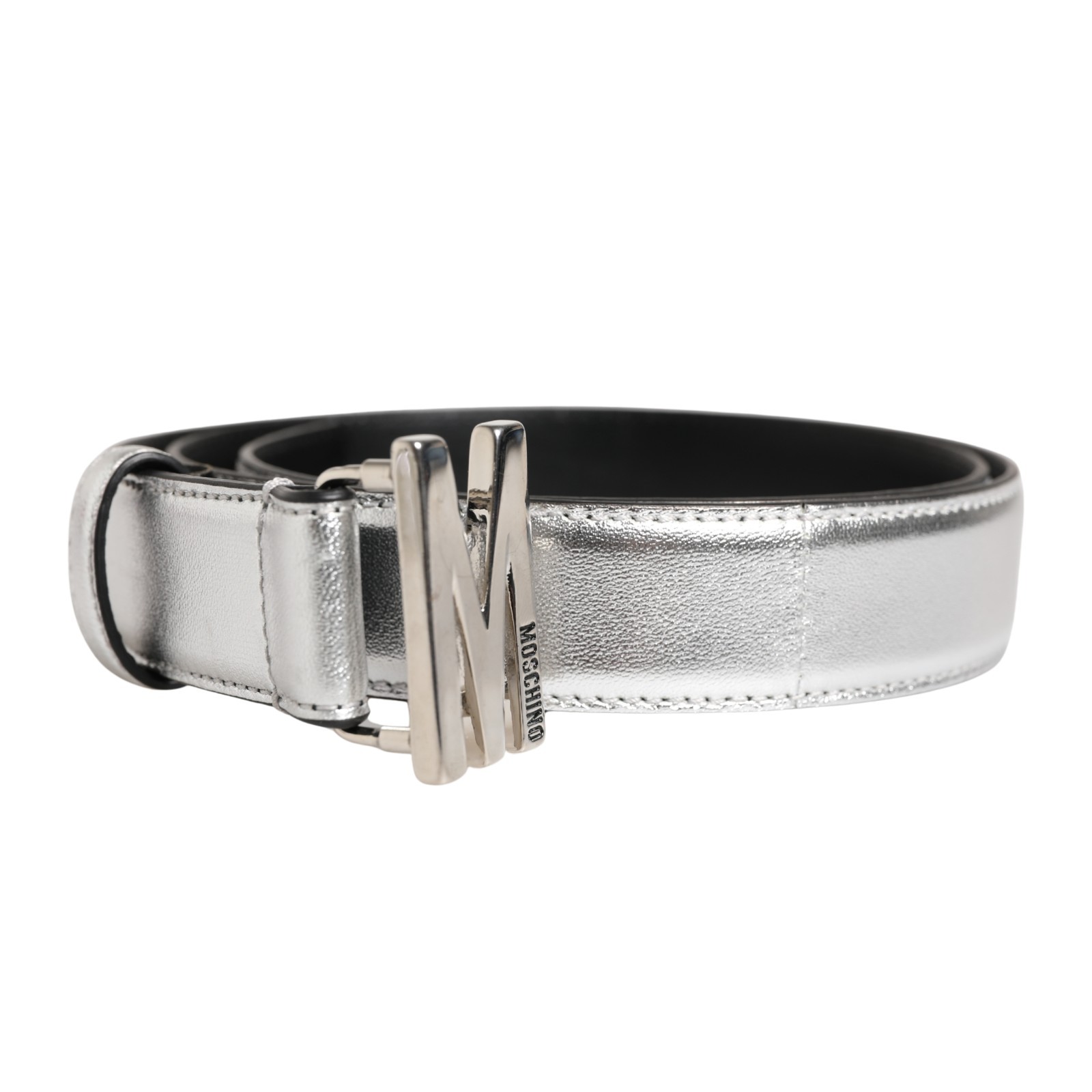 MOSCHINO COUTURE Belt Silver Leather Logo Metal Buckle Waist IT44US10L 300usd 31590₽