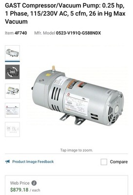 Gast 0523-V191q-G588ndx Compressor/Vacuum Pump, 1/4 Hp, 1 Phase, 115/230V Ac NEW
