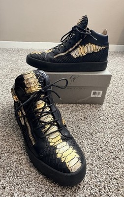 Giuseppe Zanotti Black Gold High Top Sneakers Animal Print Zip Detail