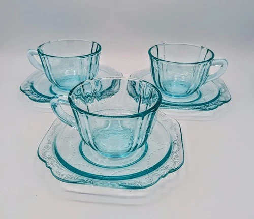 Vintage Aqua Depression Glass Tea Cups & Saucers Set of 3 Floral