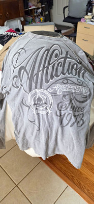 Affliction American Customs Men XL Gray Henley 13 Skull Y2K Long Sleeve Shirt
