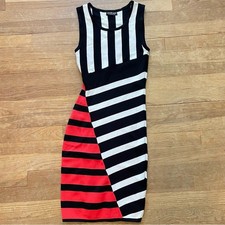Fashion Nova black white orange striped knee length bodycon dress small S b22