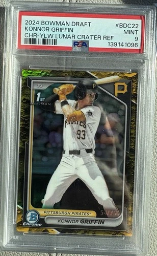 2024 BOWMAN DRAFT CHROME KONNOR GRIFFIN 1st RC YELLOW LUNAR REFRACTOR #/75 PSA 9