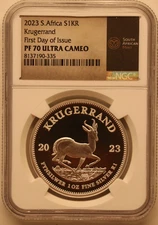 1 oz Silver Krugerrand NGC PF 70 Proof First Day of Issue S1KR Ultra Cameo 2023