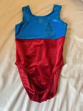 Girls Size Large Bodywear Red Velour Blue Foil Dance Gymnastics Leotard EUC