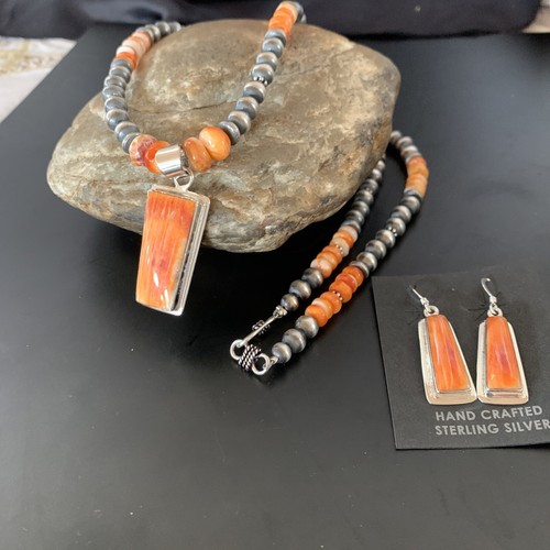 Spiny Oyster Pendant Navajo Pearls Sterling Silver Necklace Earring 11386 - Picture 8 of 12