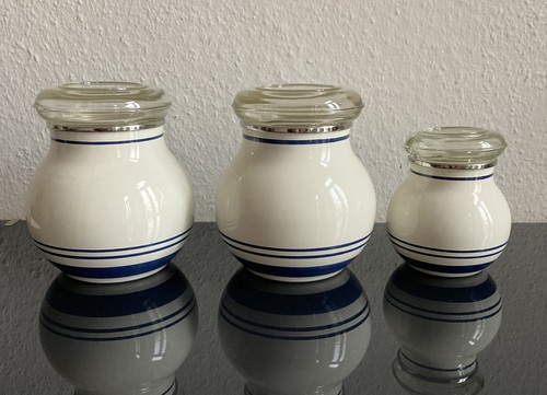 Ikea Vorratsdose 3er Set Vintage Emaille Behälter blaue Streifen selten