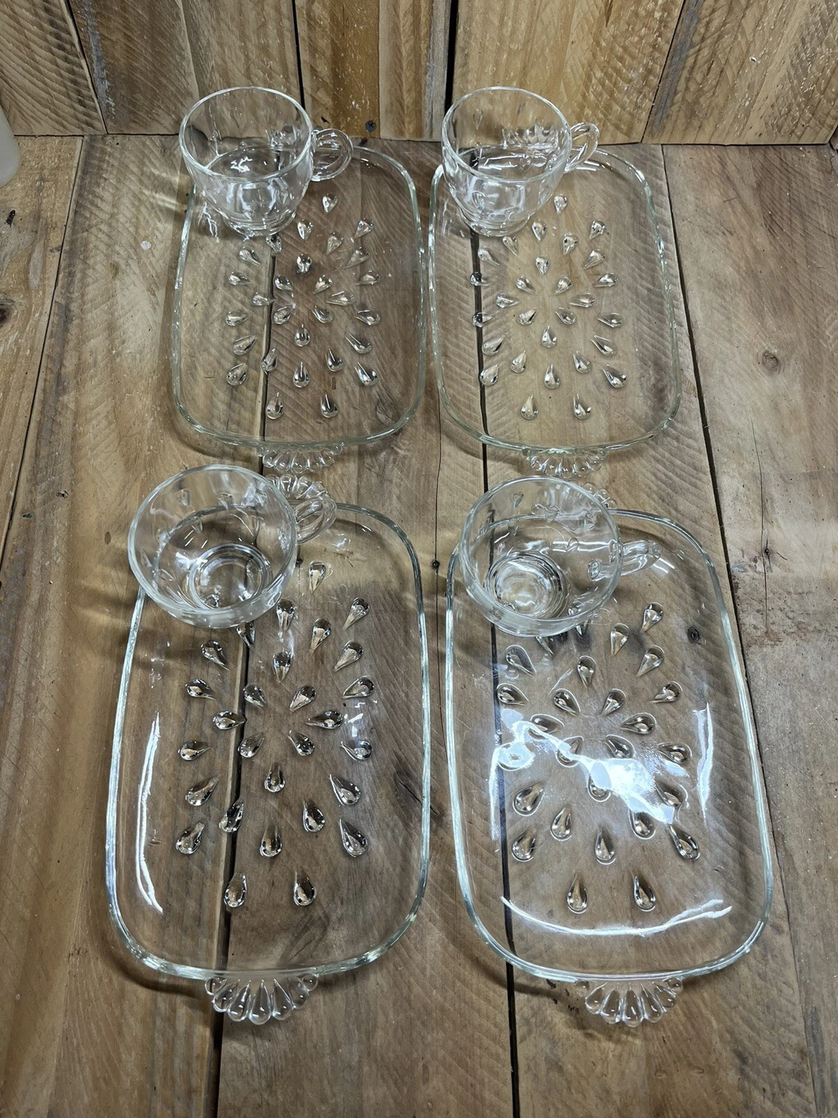 4 Vintage Hazel Atlas Informal (Teardrop) Snack Sets Teacup Tray 8 Piece Set MCM