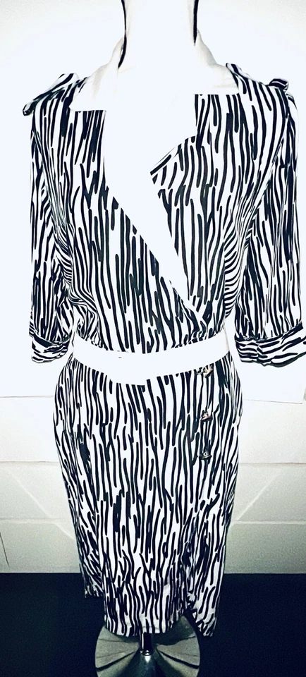 VESTIDO MIDI DAVE & JOHNNY VINTAGE AÑOS 80 HECHO EN EE. UU. PATRÓN CEBRA CORONA BOTÓN RAYÓN Foto 3 de 4