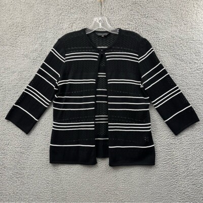 Ming Wang Open Knit 3/4 Sleeve Cardigan Business Casual Workwear Black Women's M