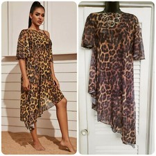 Chic Leopard Print 3/4 Flare Short Sleeve Asymmetrical Cover-Up Top Dress OS