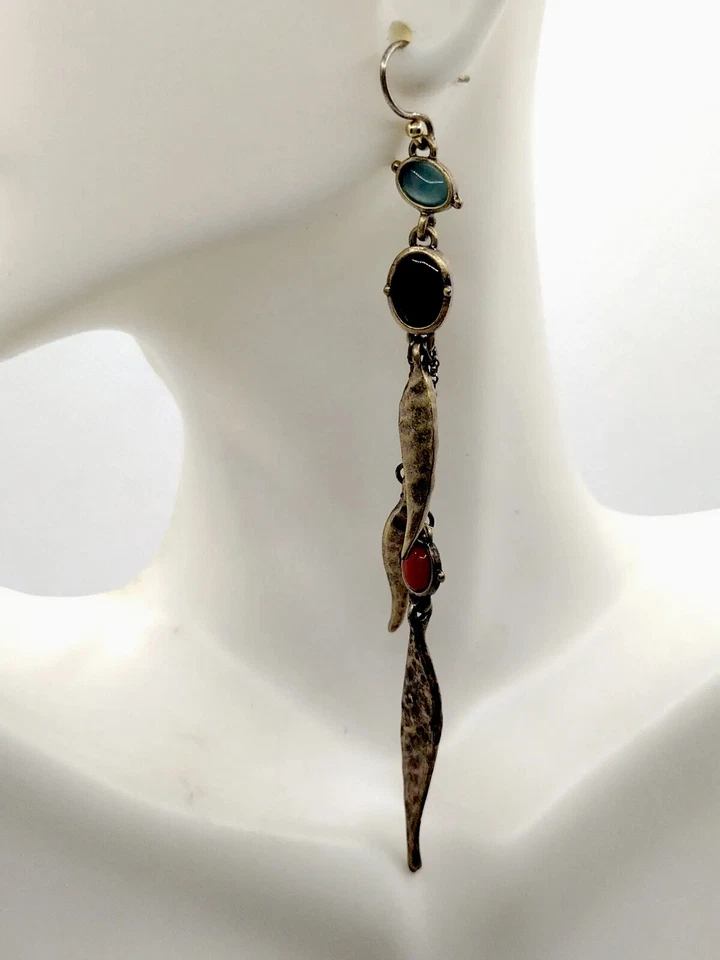 Pendientes colgantes largos de colección hojas en tono bronce azul y rojo intenso gema joyería Foto 2 de 4