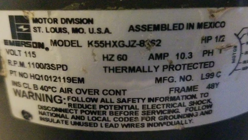 EMERSON K55HXGJZ-8262 Blower Motor 1/2HP 115V 1100RPM 3SPD 1PH 60Hz 10.3A 3b=29