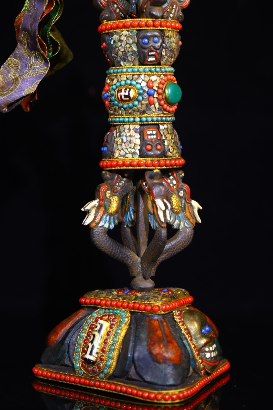 Old Tibet bronze Gilt Skull Head Weapon Trident Exorcism Holder Faqi Statue TQA