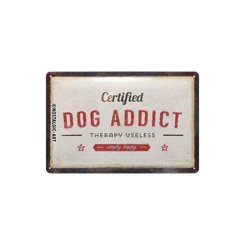 Plaque métal publicitaire DOG ADDICT 20x30cm bombée et en relief pour décoration murale rétro