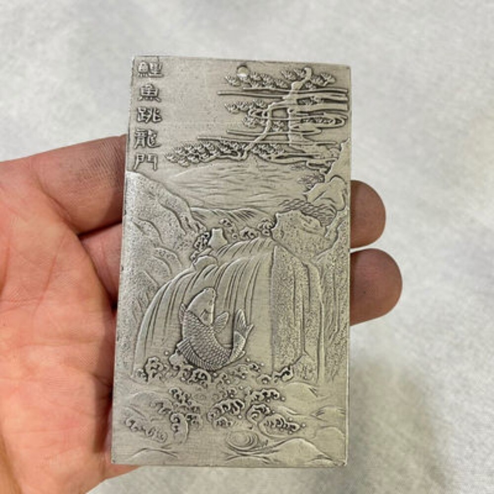 Old Chinese Tibet Silver carving Carp Jumping Dragon Pendant waist tag