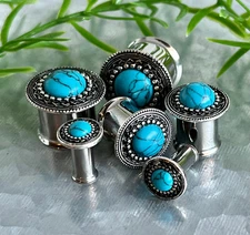 PAIR Antique Silver Shield w/Turquoise Center Double Flare Steel Tunnels Plugs