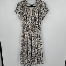 Talbots A Line Dress Womens Medium White Black Floral Smocked Waist Short Sleeve