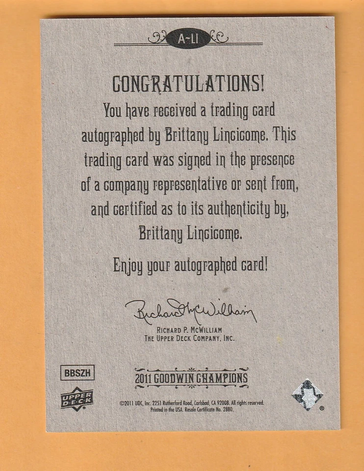 Brittany Lincicome AUTO 2011 Upper Deck Goodwin Champions Autographs 8W - Image 2 of 2