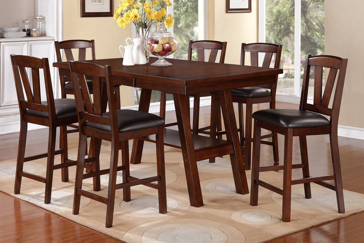 Dark Walnut 7 Pc Dining Set Counter Height Dining Table High Chairs Dining Room For Sale Online Ebay