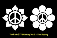 Peace Heart Flower Two Pack 5" White Vinyl Decals Car Windows Van Tablet