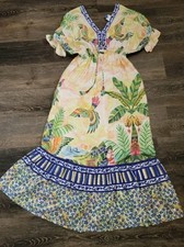 Farm Rio X Anthro Island Bird Beaded Tassel Tiered Ruffle Dress Xs Boho Resort 