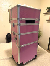 Pink Rolling Makeup Trolley Case w/ Lock Handle, Aluminum Metal Hard Case