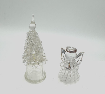 Set 2 Hand Blown Glass Clear Thimbles Christmas Tree Angel Golden Trim VTG Art