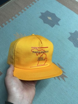 Vintage k products brand trucker hat mesh cap farm bureau Michigan yellow USA