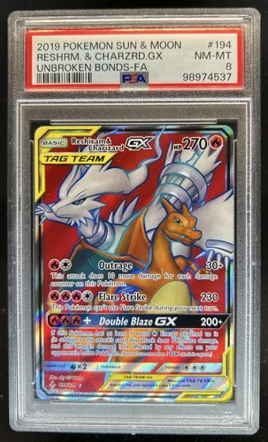 2019 Pokemon SM Unbroken Bonds Reshiram Charizard Tag Team #194/214 PSA 8