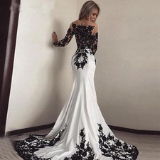 Elegant Mermaid Wedding Dres Black Lace Appliques Satin O-Neck Vintage Prom Gown