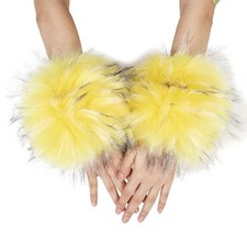 Women's Faux Fur Wrist Cuffs Winter Fluffy Furry Arm Warmers Plush Yellow