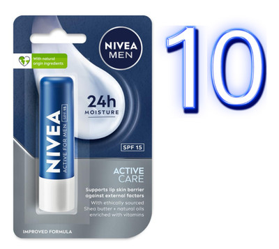 10X Nivea Men Active Care Lip Balm 4.8g Pack of 10 24H Melt in Moisture Natural