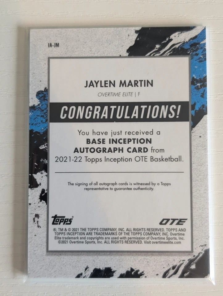 Jaylen Martin 2021-22 Topps Inception Autographs SN,AU #/200 Team Elite #IA-JM - Image 2 of 2