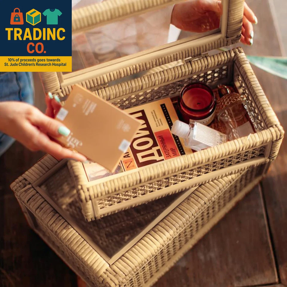 Large Handwoven Boho Rattan Display Boxes with Glass Lids - Set of 2 Rectangular - Image 2 of 4